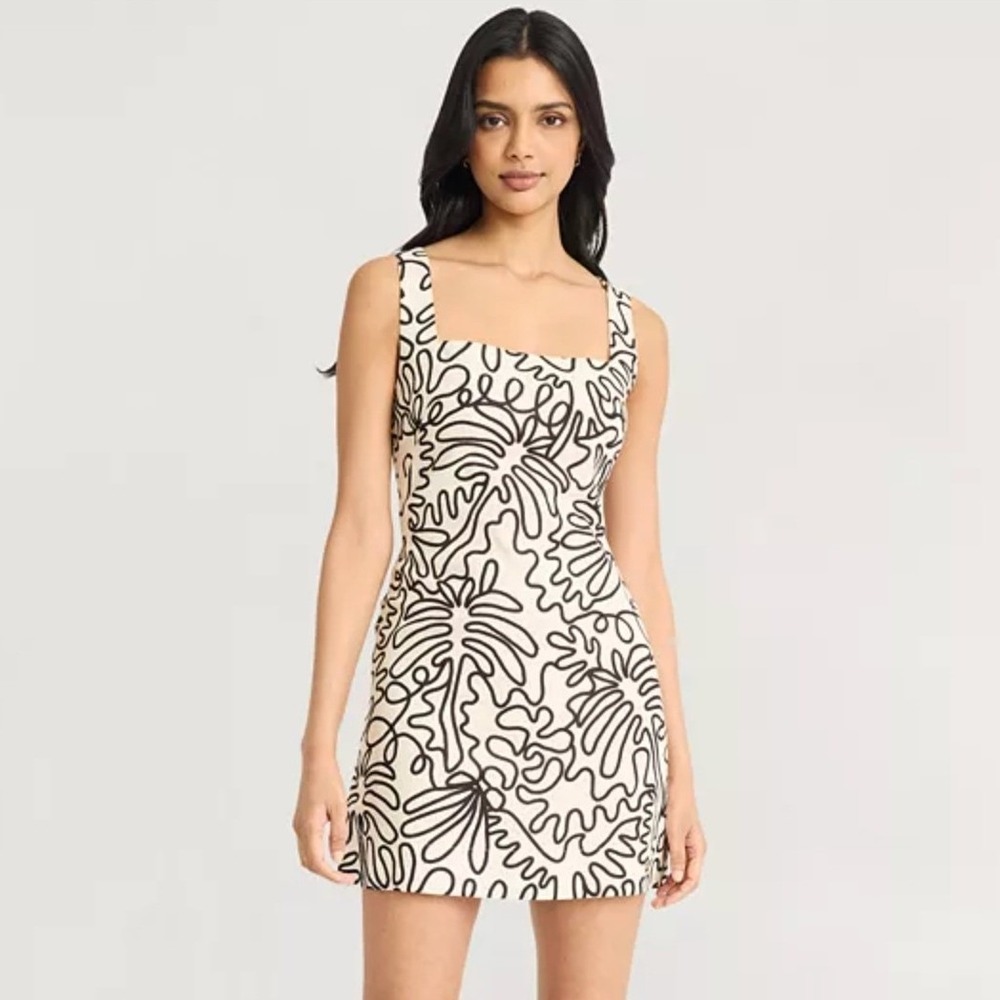 The Good Journey Size 6 Mini Dress Square Neck Linen Blend‎ Abstract Scribble